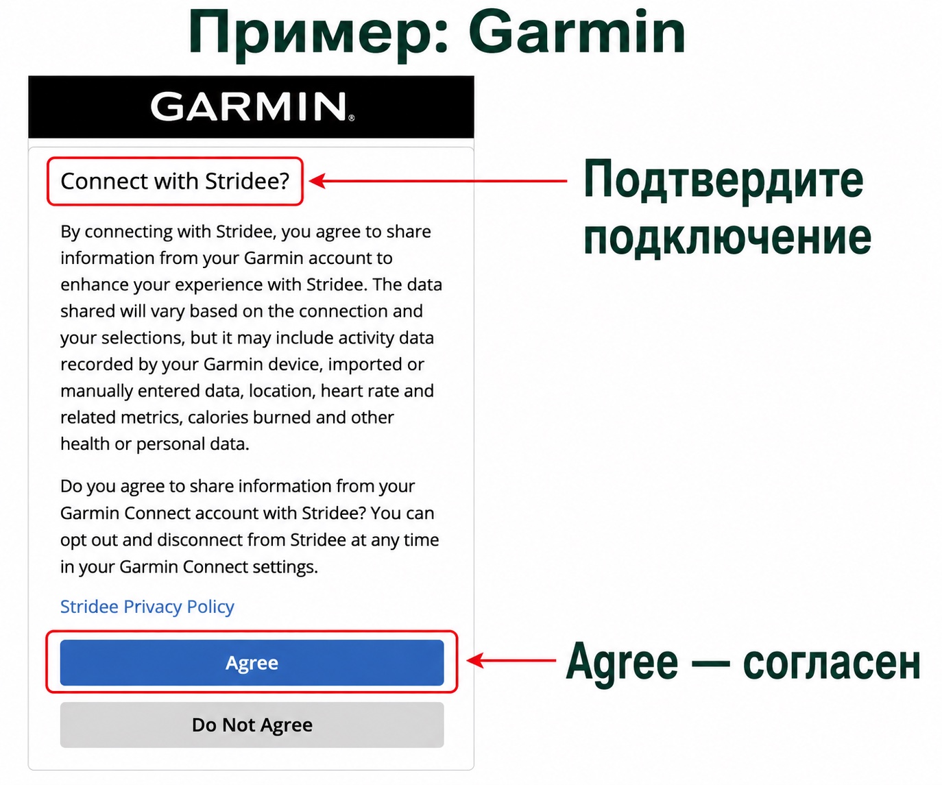 Пример Garmin: подключение к Stridee подтверждается кнопкой Agree